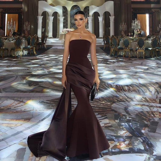 Luxury Burgundy Brown Strapless Mermaid Satin Evening Dress with Overskirt SF061