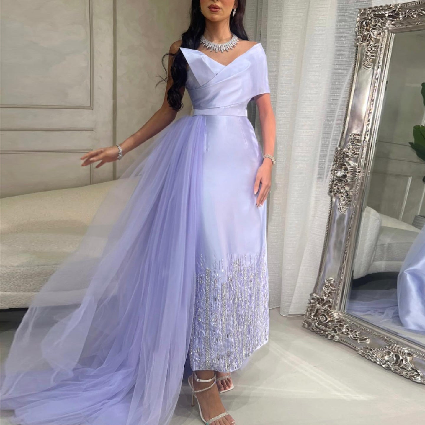 Luxury Beaded Lilac One Shoulder Evening Dress with Overskirt SS405