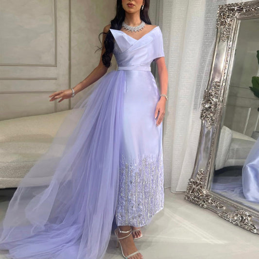 Luxury Beaded Lilac One Shoulder Evening Dress with Overskirt SS405