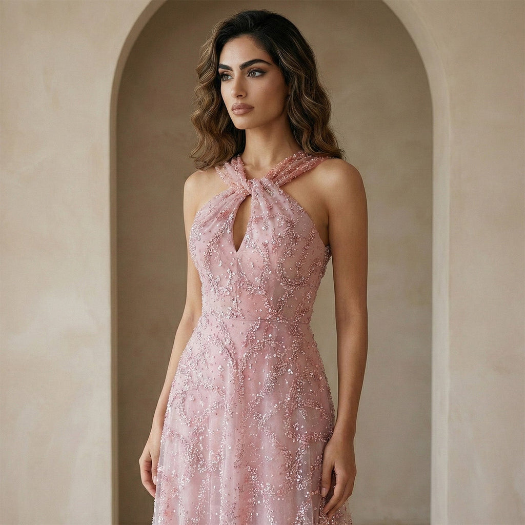 Glamorous Pink Ombre Beaded Sequin Halter Evening Dress SS709