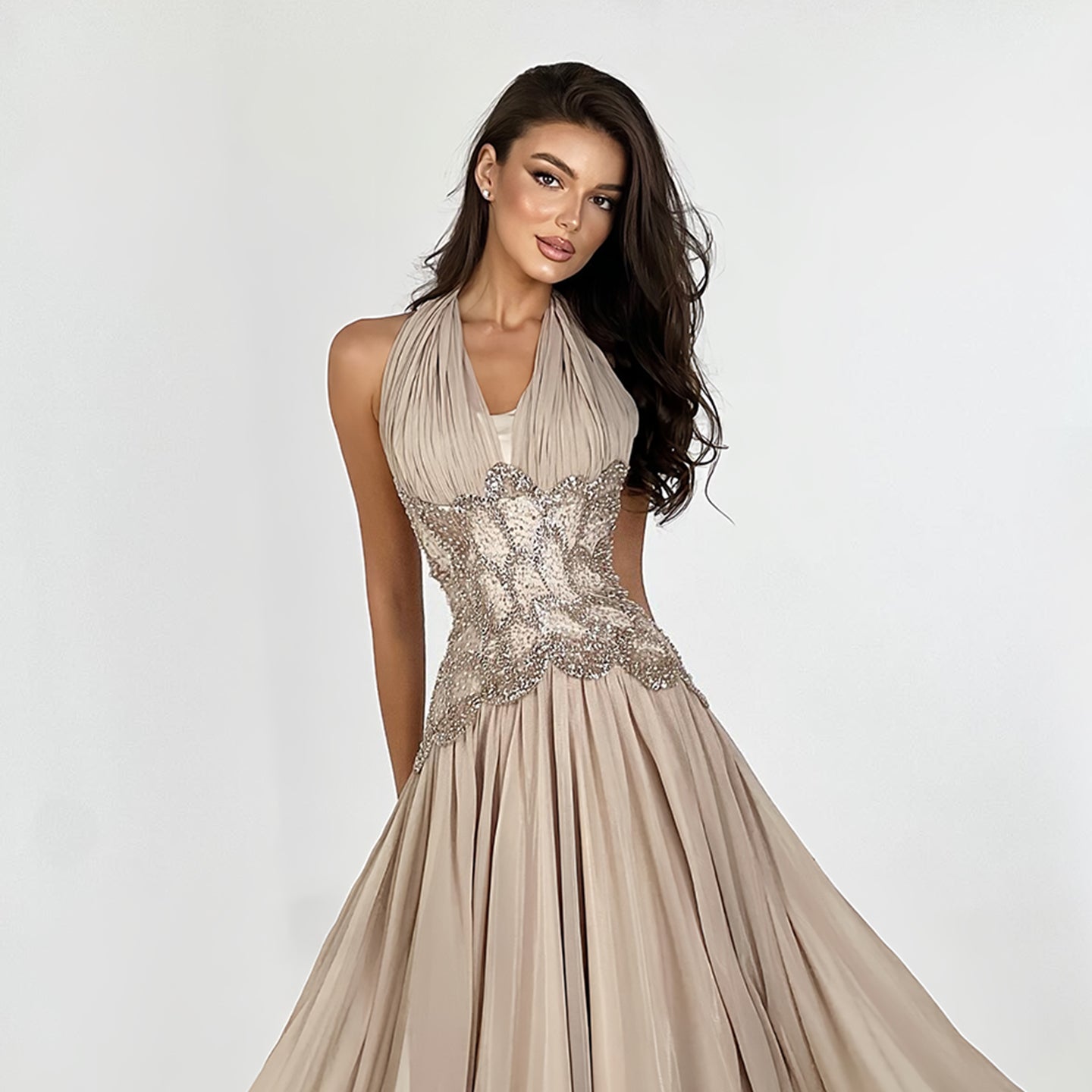 Luxury Khaki Halter Neck Beaded Chiffon Evening Dress SF230