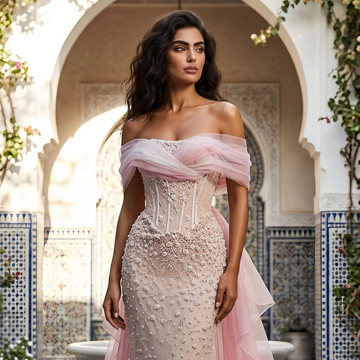 Glamorous Blush Pink Off-the-Shoulder Draped Sequin Evening Dress SS519