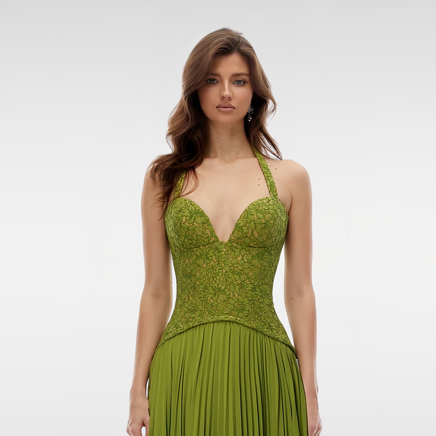 Elegant Green Halter Neck Lace & Chiffon Evening Dress SF419