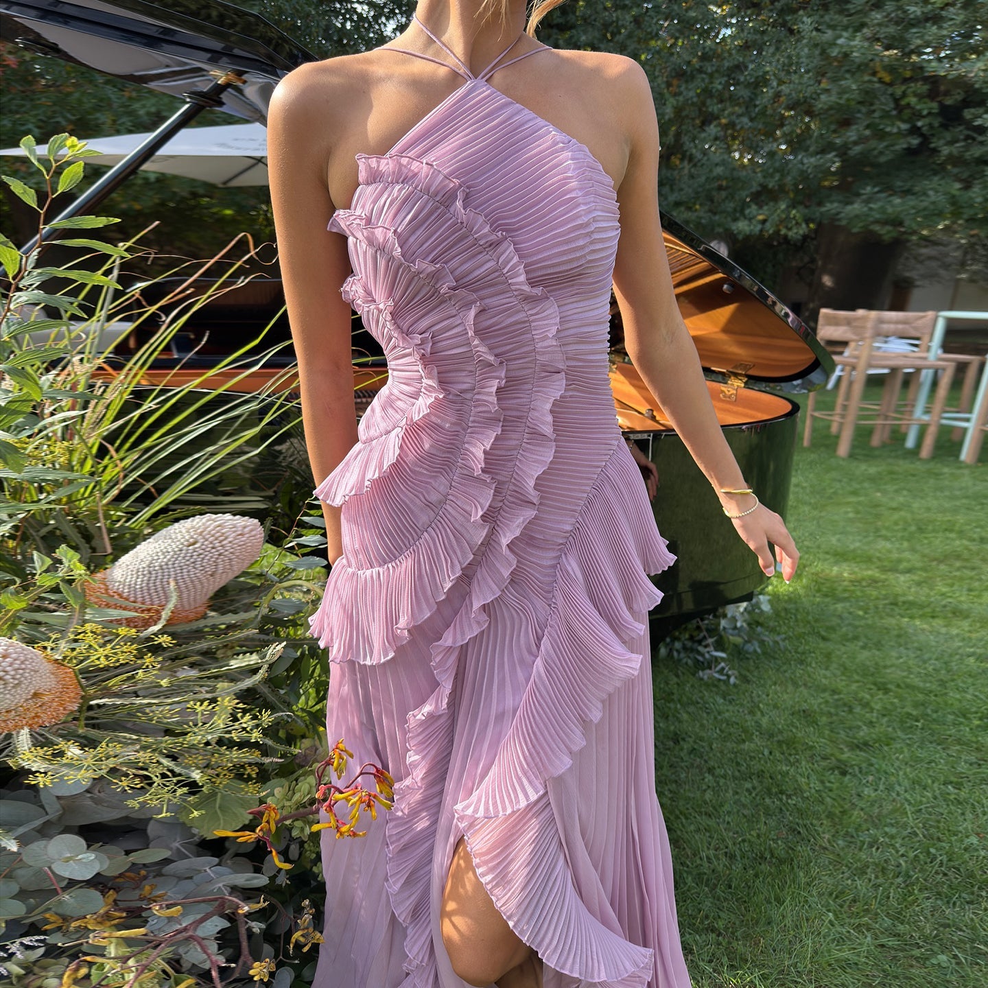 Luxury Lilac Strapless Ruffle Trim High-Slit  Evening Dress SF454