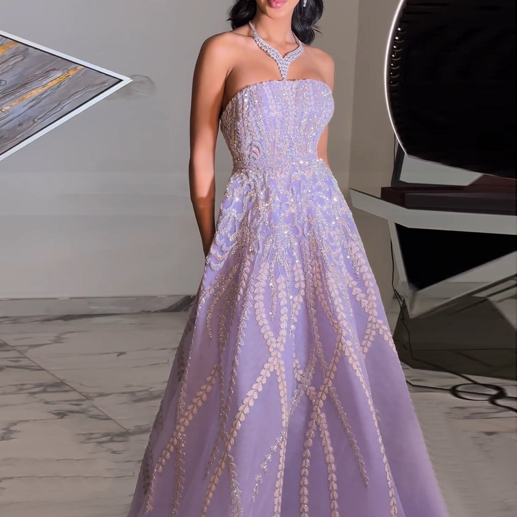 Luxury Beaded Lilac A-Line Strapless Evening Dress with Sleeves SS462