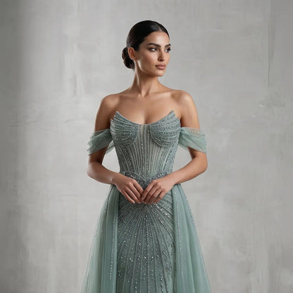 Glamorous Pink Off-the-Shoulder Beaded Crystal Corset Evening Dress SS120