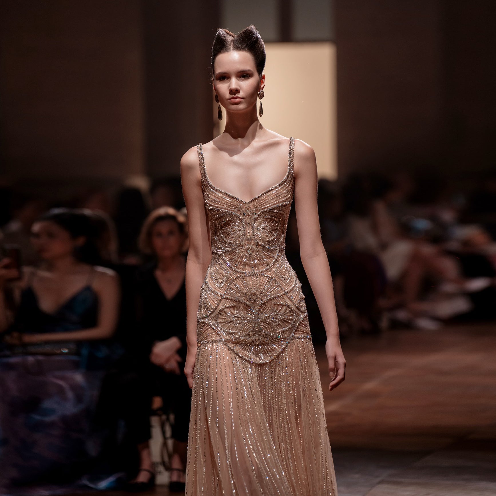 Elegant Champagne Ruffled Beaded Evening Dress SS552