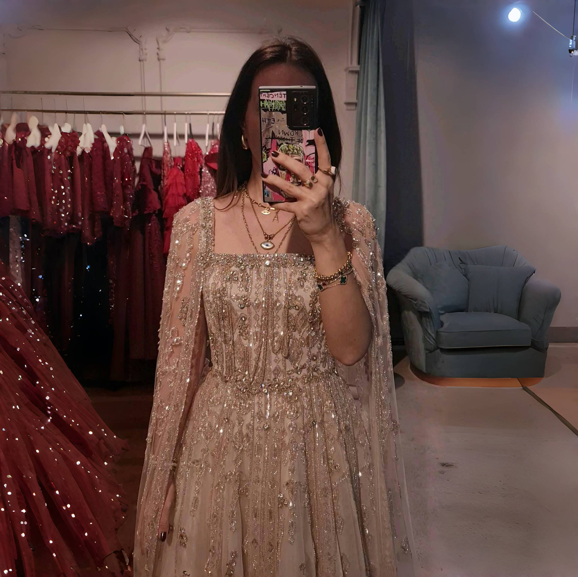 Luxury Beaded Burgundy Evening Dress with Cape Sleeve SS543