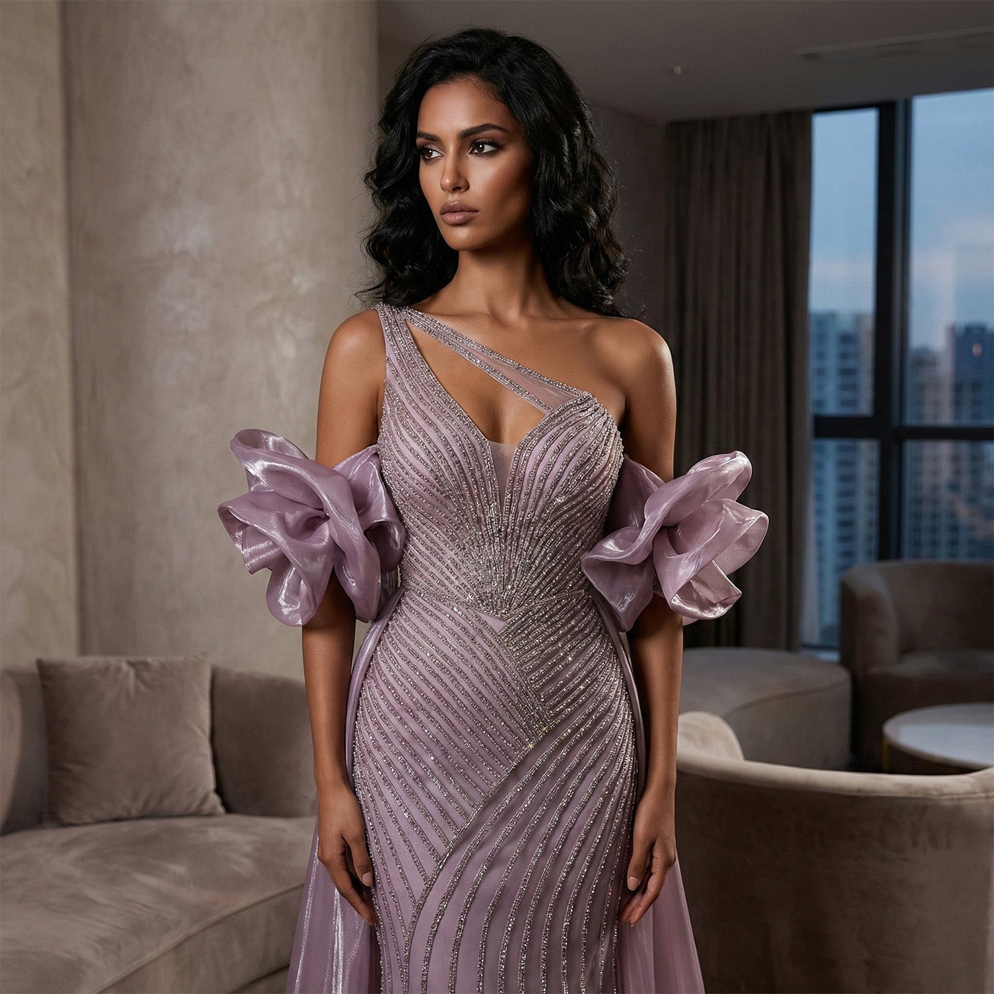 Luxury Dusty Pink One-Shoulder Beaded Fitted Evening Dress with Cape SS016