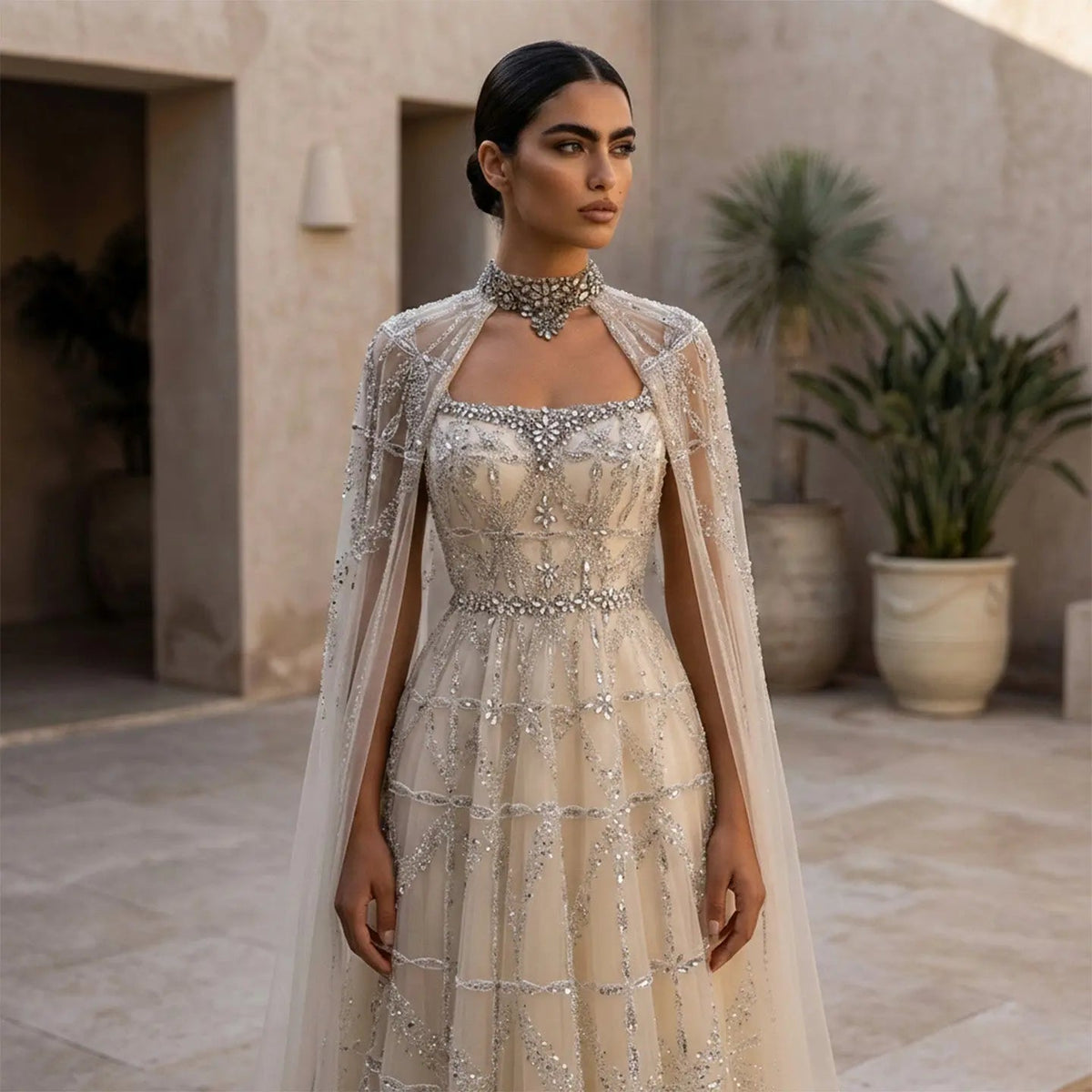 Luxury Cream Heavy Beaded Train Evening Dress with Cape SS486