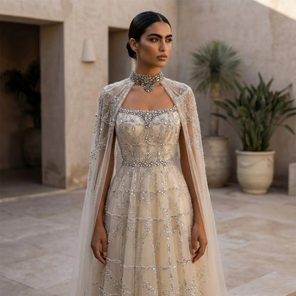 Luxury Cream Heavy Beaded Train Evening Dress with Cape SS486