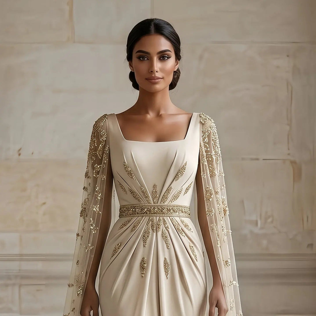 Luxury Champagne Square Neck Beaded Evening Dress with Cape Sleeve SS213