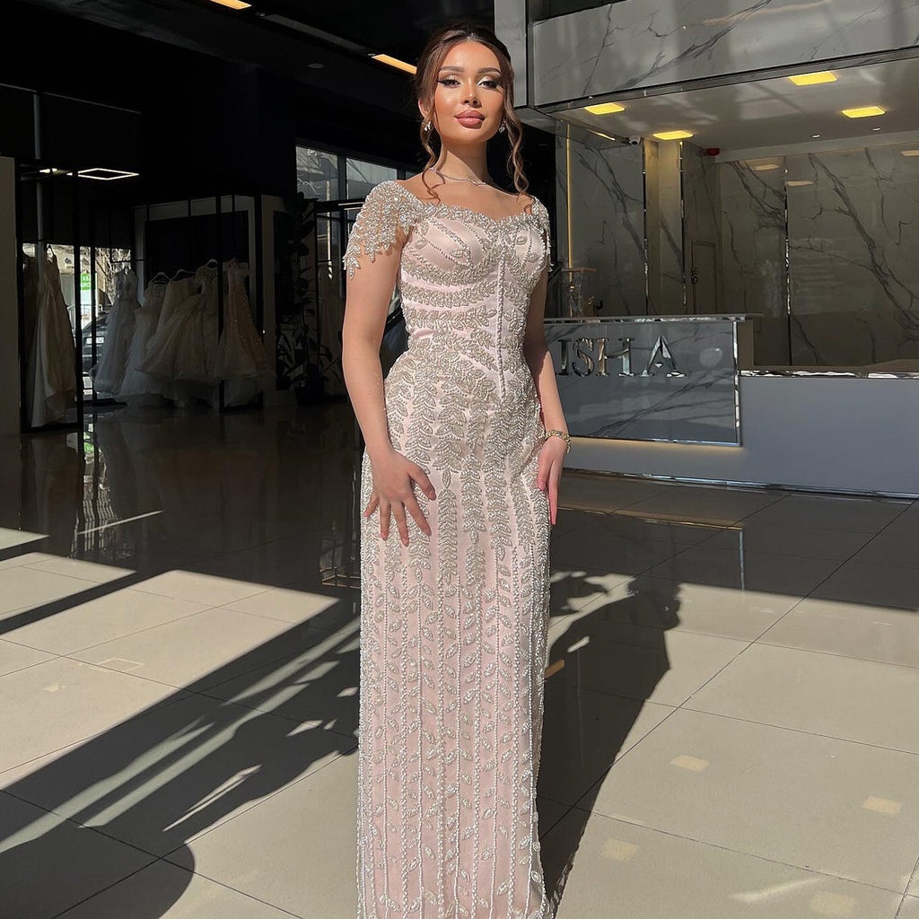 Luxury Tassel Cream Straight Evening Dress SS712