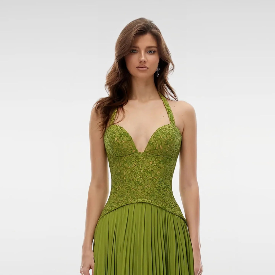 Luxury Green Halter Evening Dress with Lace Corset Bodice SF419