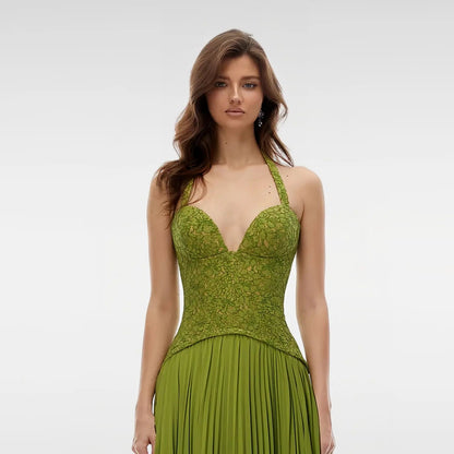 Luxury Green Halter Evening Dress with Lace Corset Bodice SF419