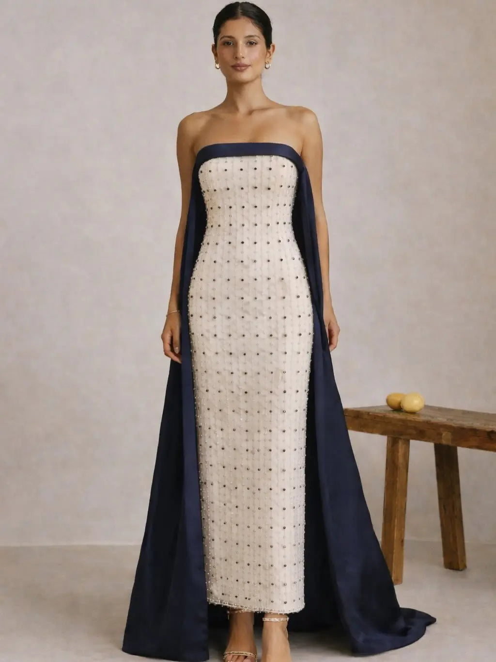 Luxury Navy Blue White Strapless Evening Dress SS422