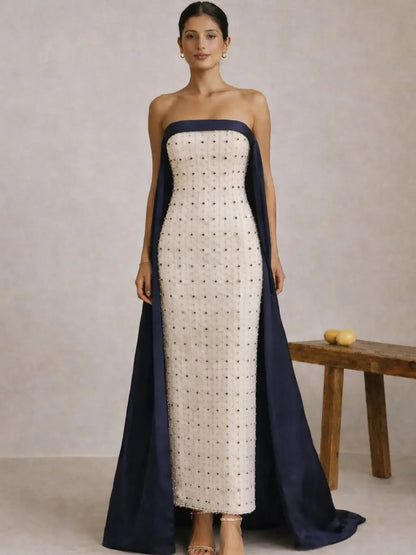 Luxury Navy Blue White Strapless Evening Dress SS422