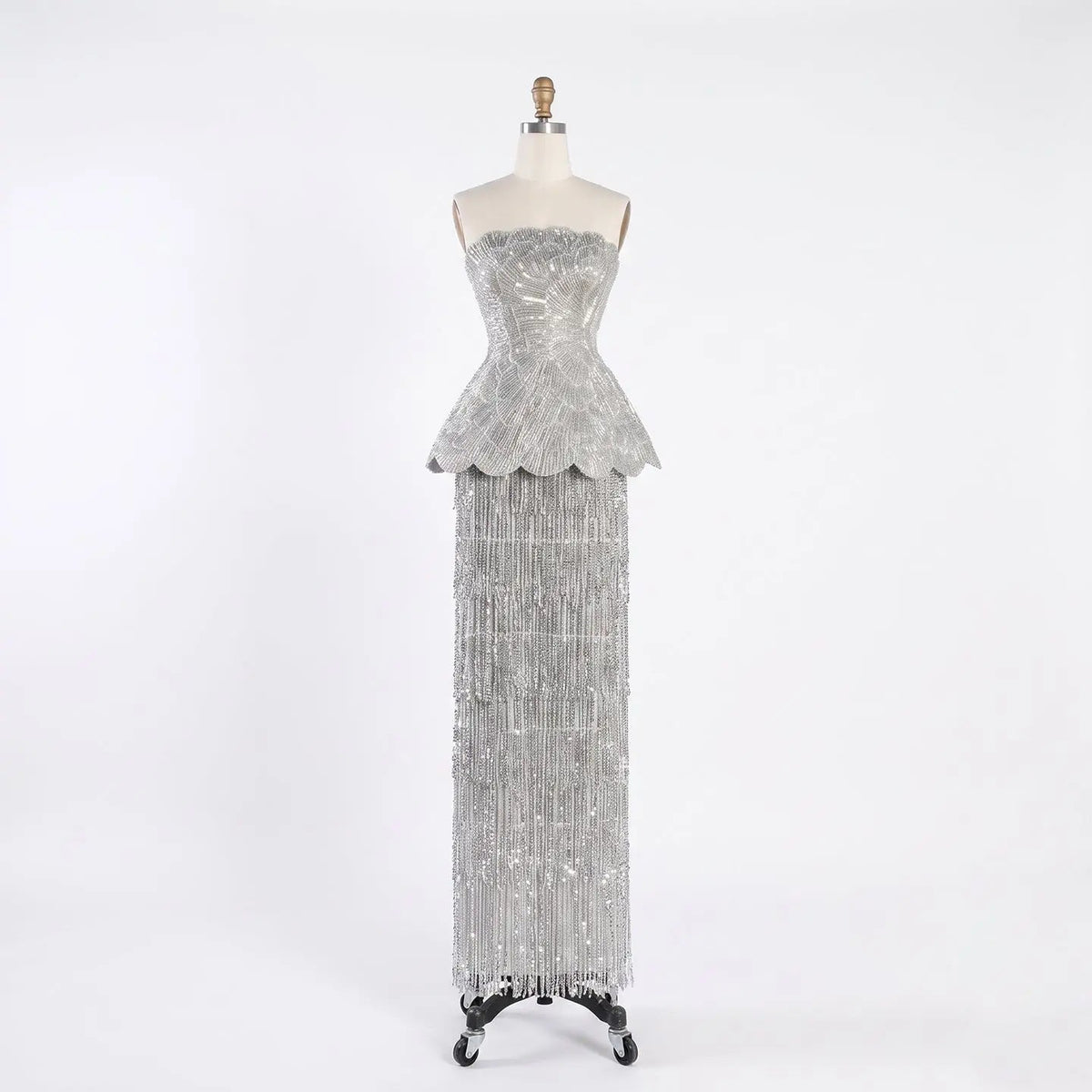 Gray Strapless Mermaid Luxury Beaded Sequins Tassels Skirt Evening Dress SS370