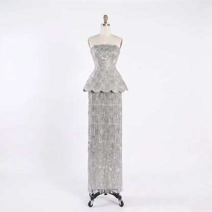 Gray Strapless Mermaid Luxury Beaded Sequins Tassels Skirt Evening Dress SS370