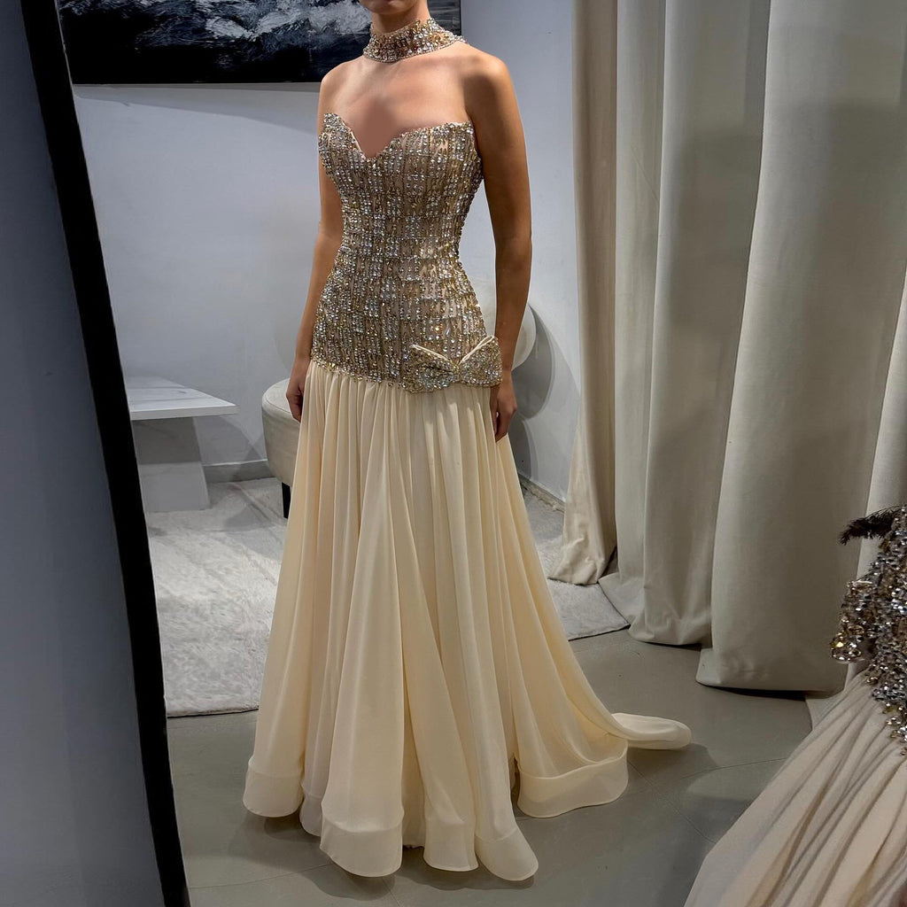 Luxury Gold Strapless Beaded Corset Evening Dress with Choker SS504