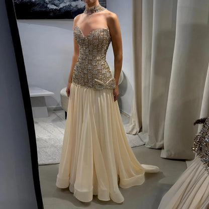 Opulent Gold Strapless Beaded Corset Evening Dress with Choker SS504