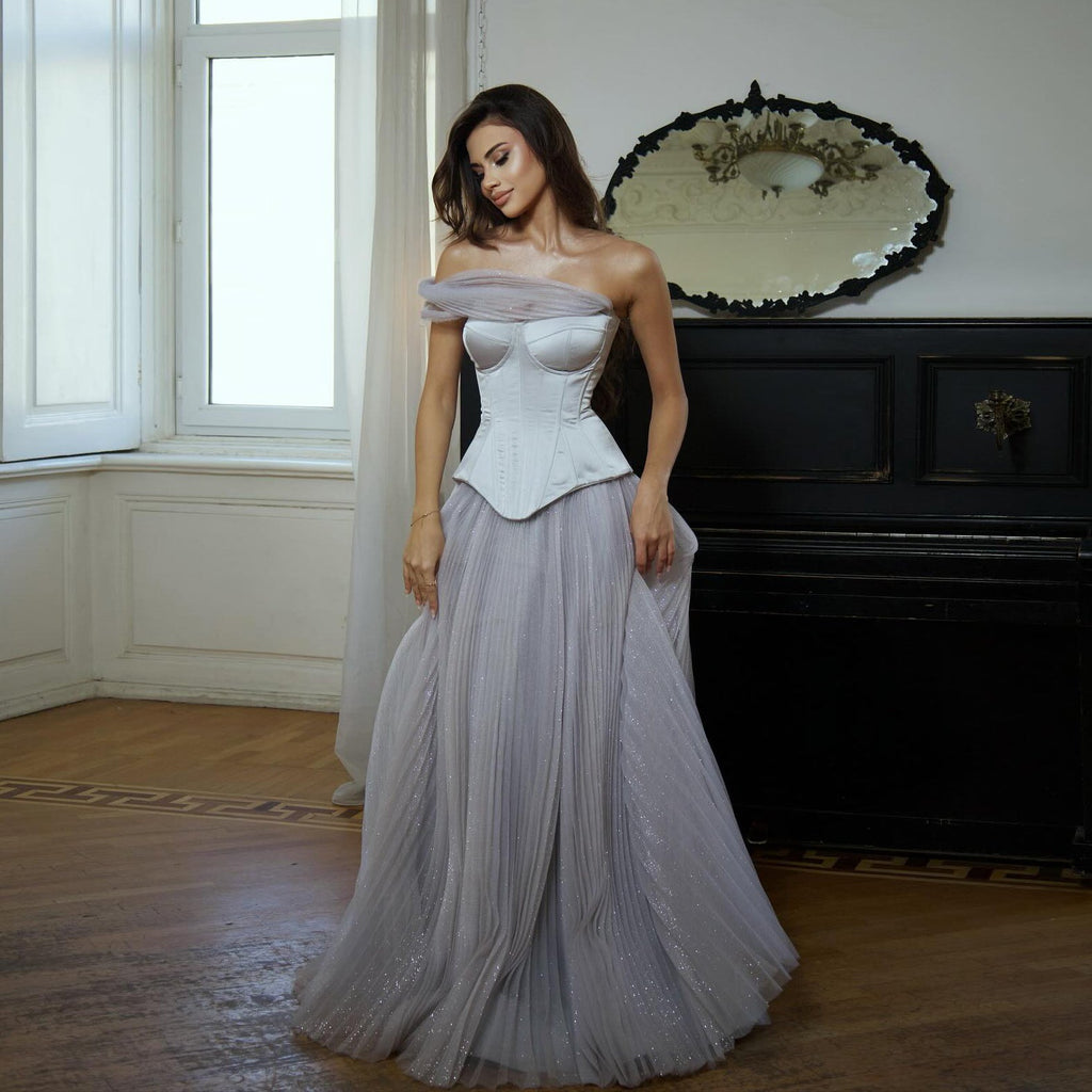 Luxury Lavender Strapless Corset Tulle Evening Dress SF458