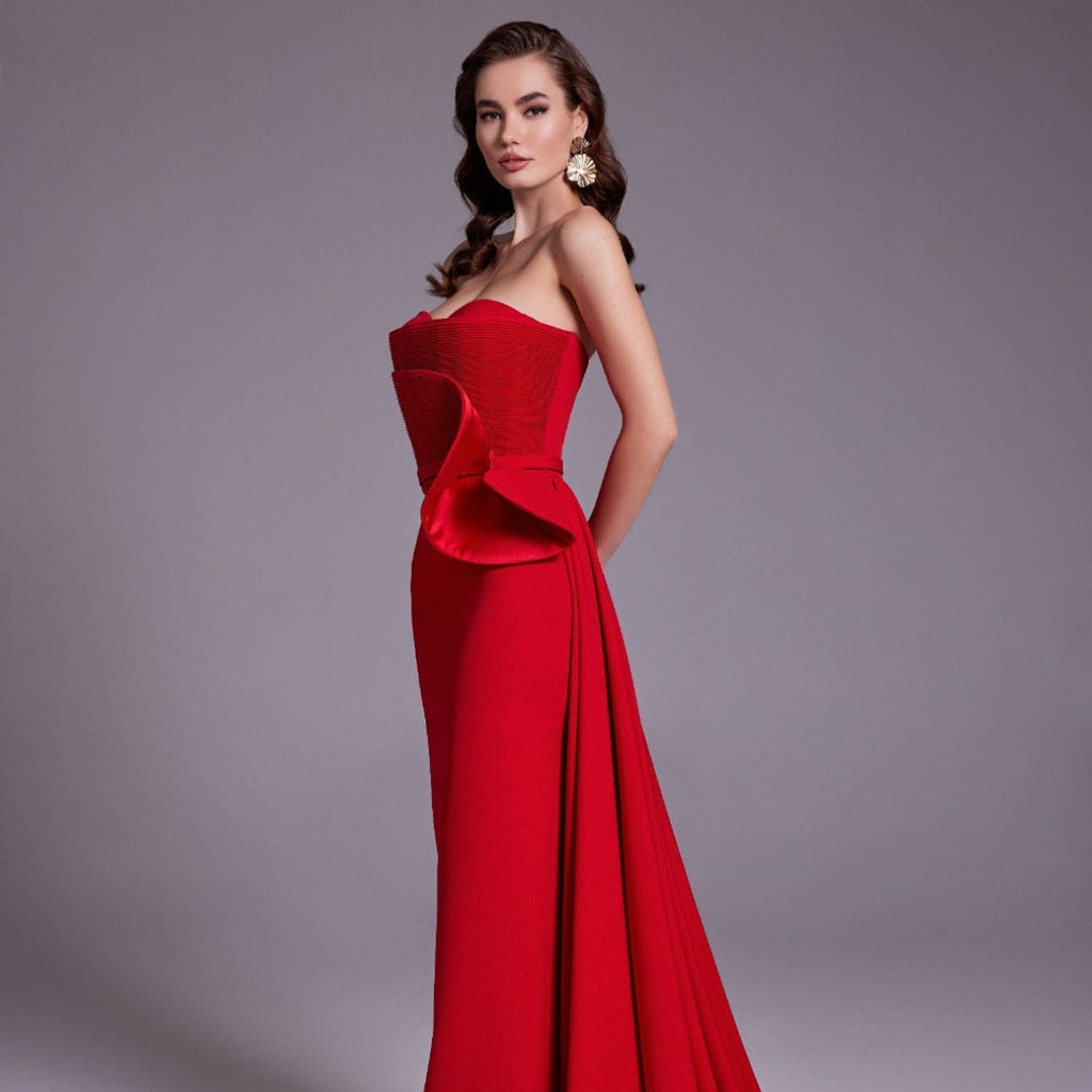 Elegant Red Pleats Satin Evening Dress with Overskirt SF331