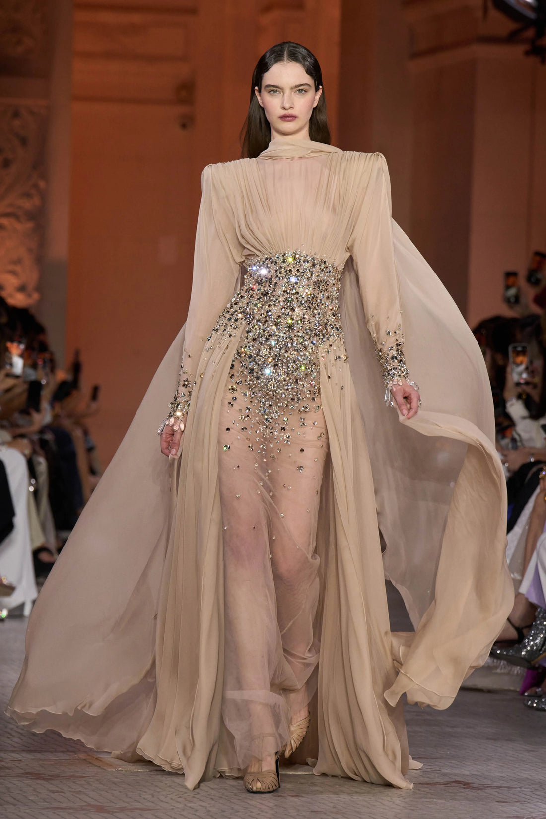 Luxury Champagne Beaded Crystal Fitted Evening Dress with Sheer Cape SS533