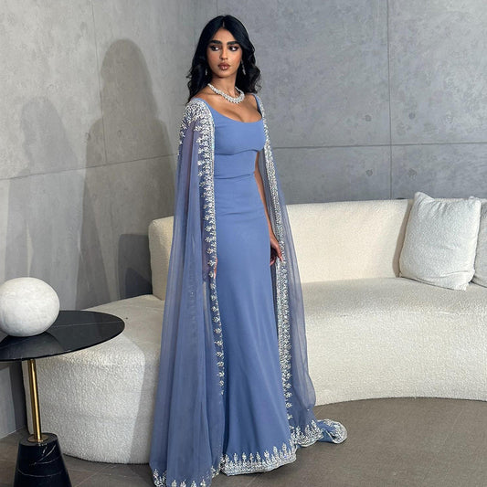 Luxury Crystal Blue Mermaid Evening Dresses with Cape Sleeves SS445