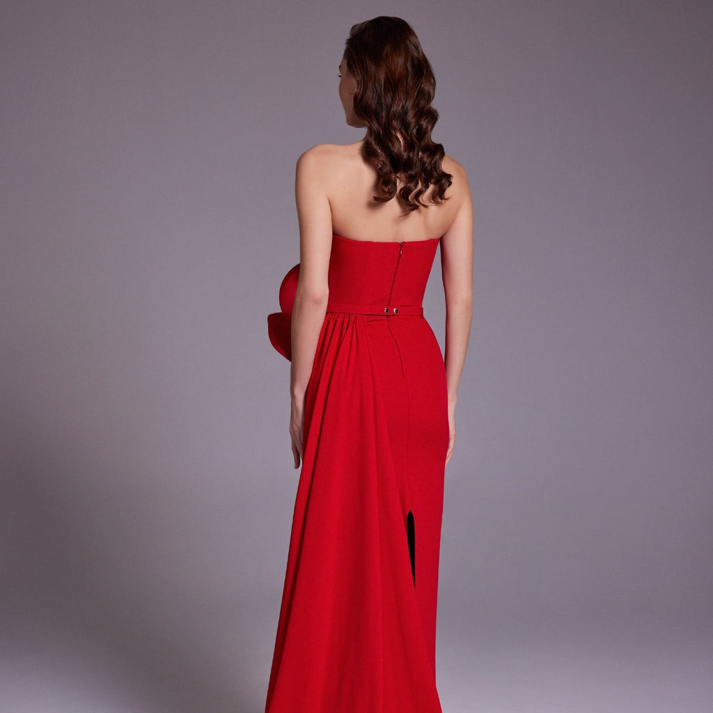 Elegant Red Pleats Satin Evening Dress with Overskirt SF331