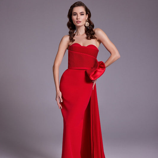 Elegant Red Pleats Satin Evening Dress with Overskirt SF331