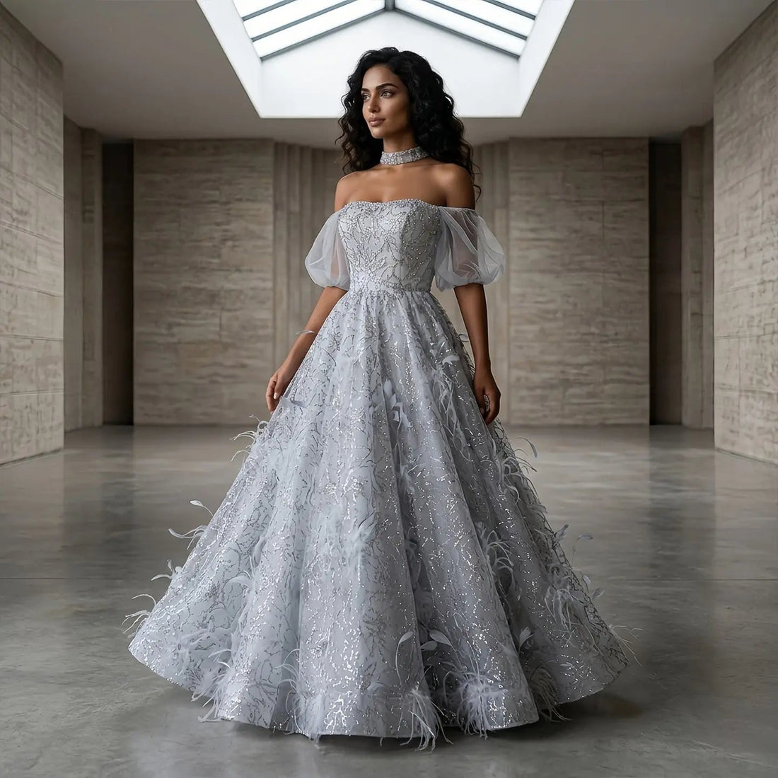 Luxury Gray Feather Lace Beaded Off-the-Shoulder Train Evening Dress SS738