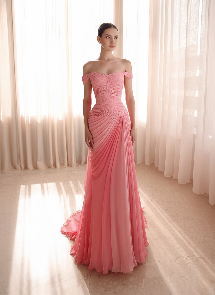 Luxury Pink Ruched Fitted Evening Dress with Overskirt SF424
