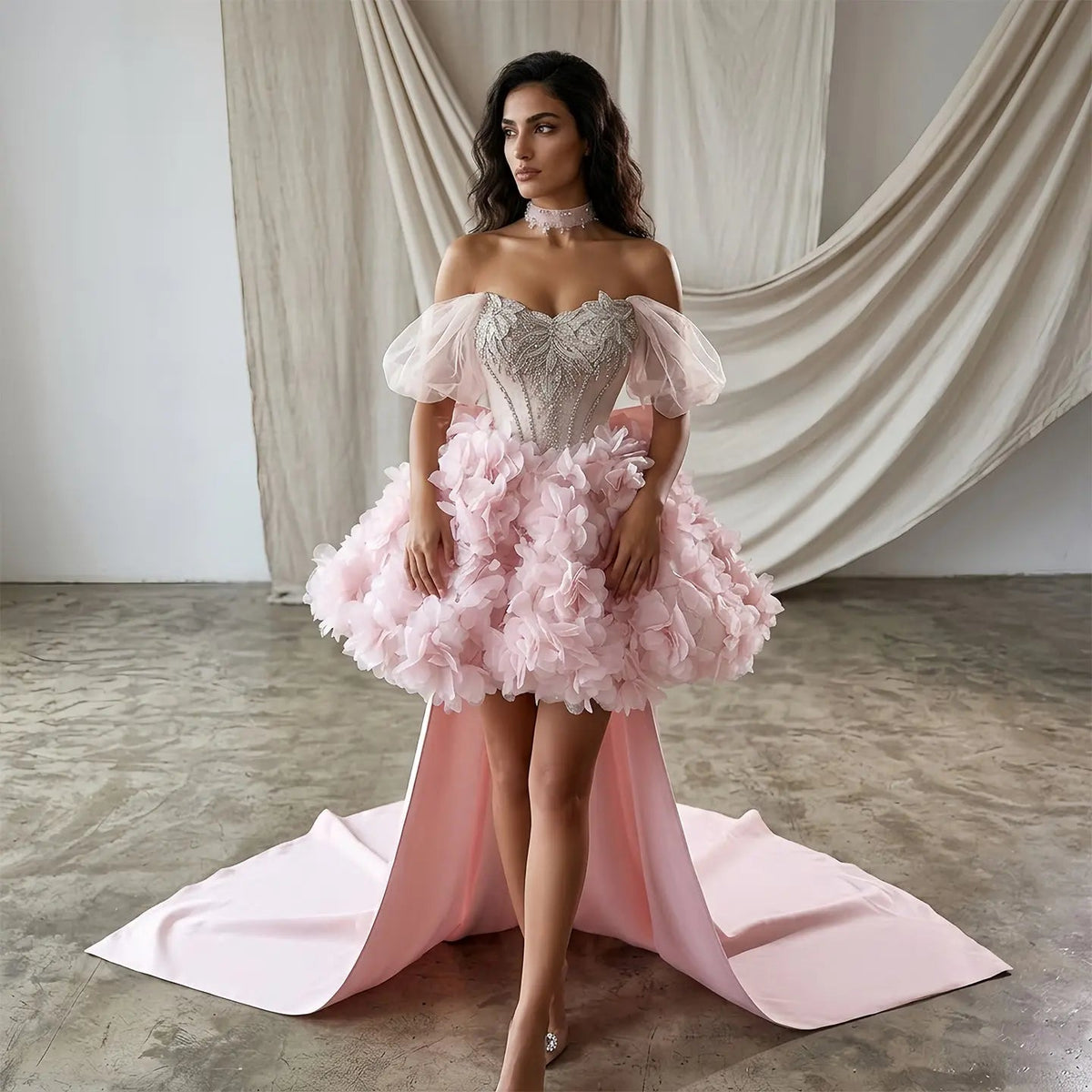 Luxury Pink 3D Floral Train Evening Dress with Overskirt and Bow SS740