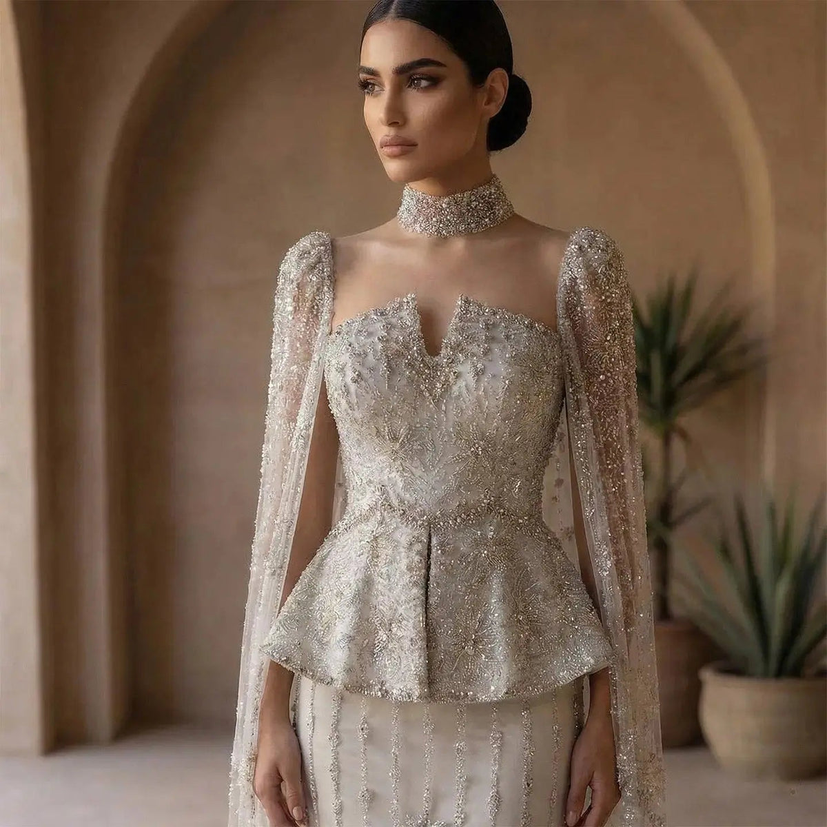 Elegant Silver High Neck Sheer Fitted Evening Dress with Cape Sleeve SS531