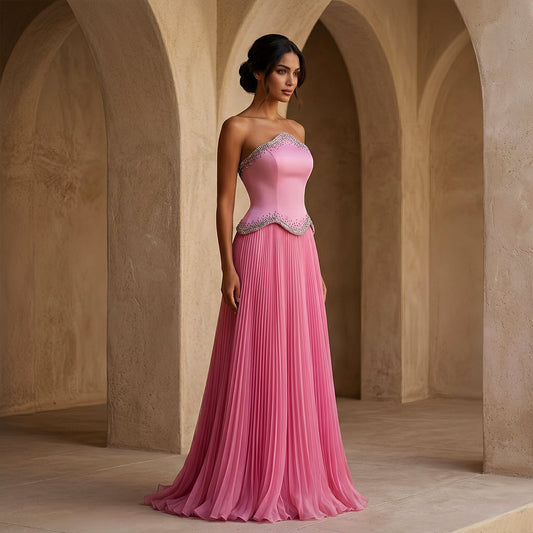 Elegant Pink Strapless Beaded Chiffon Evening Dress SS789