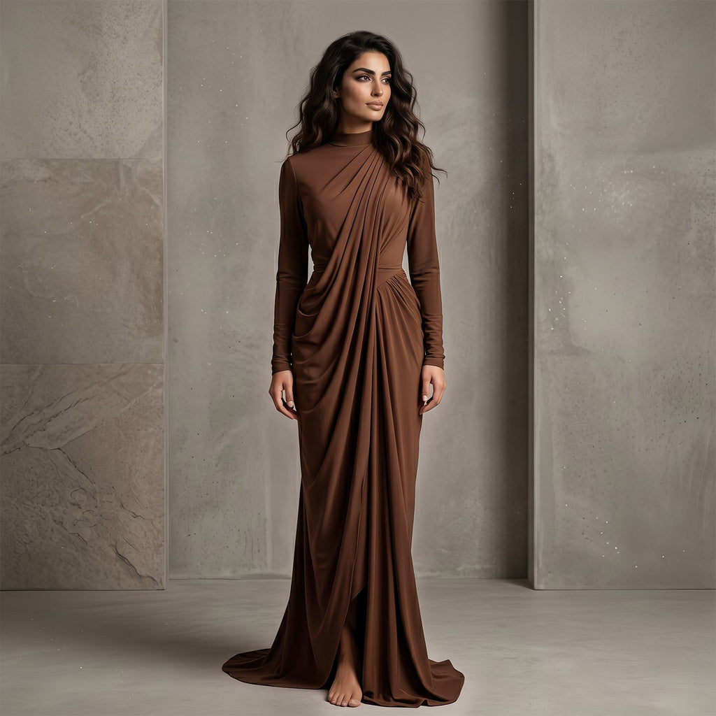 Elegant Brown High Neck Long Sleeve Ruched Bodycon Evening Dress SF078