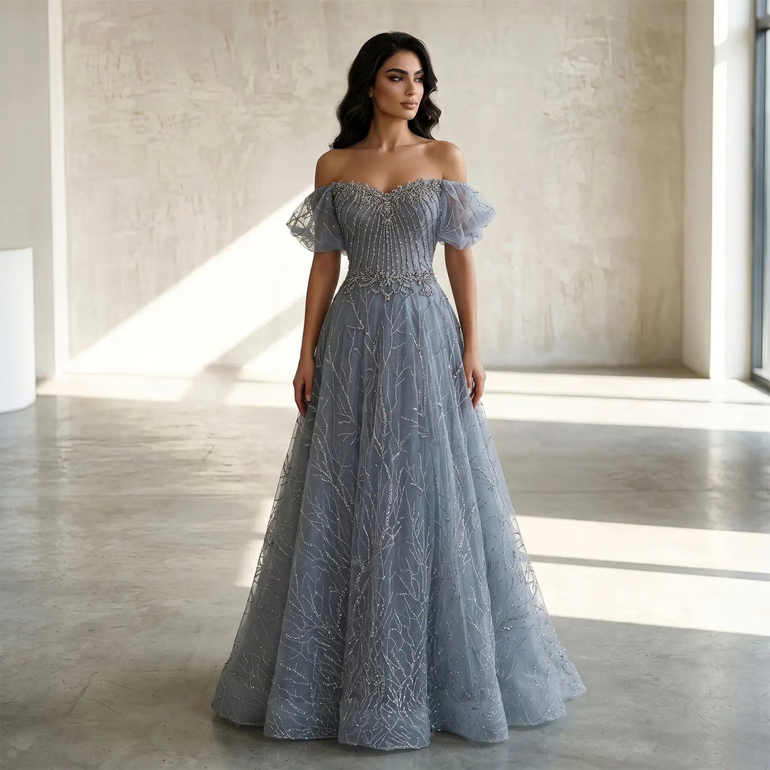 Luxury Gray Beaded Crystal Short Sleeve Tulle Evening Dress SS725