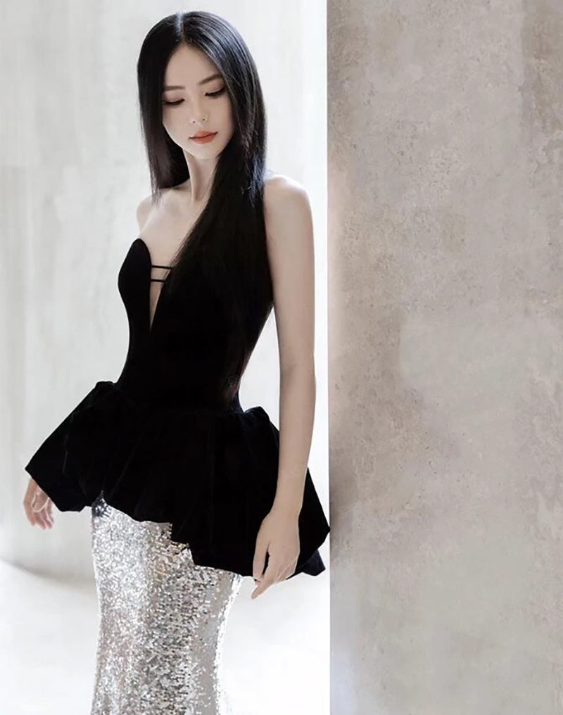 Edgy Black Silver Velvet Deep V-Neck Peplum Sequin Evening Dress SF425