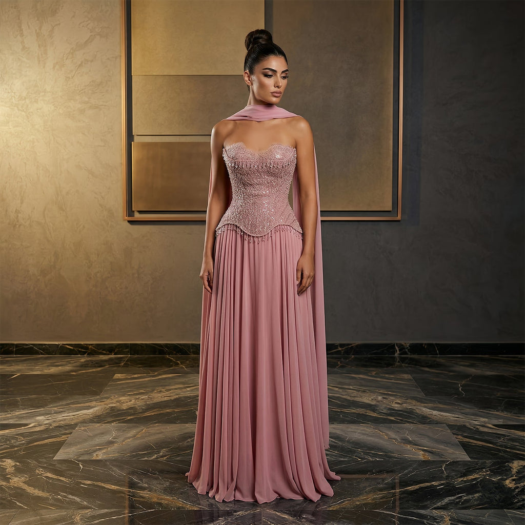 Luxury Pink Sweetheart Beaded Chiffon Evening Dress with Scarf SS434