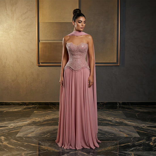 Luxury Pink Sweetheart Beaded Chiffon Evening Dress with Scarf SS434