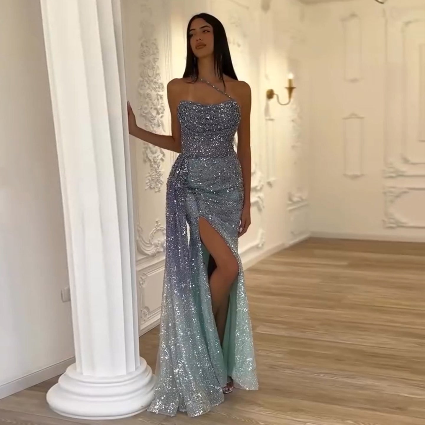 Luxury Blue One Shoulder Evening Dress with Overskirt SS710