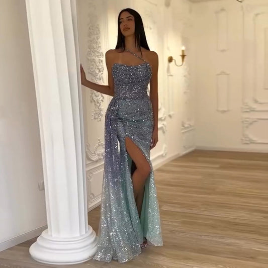 Luxury Blue One Shoulder Evening Dress with Overskirt SS710