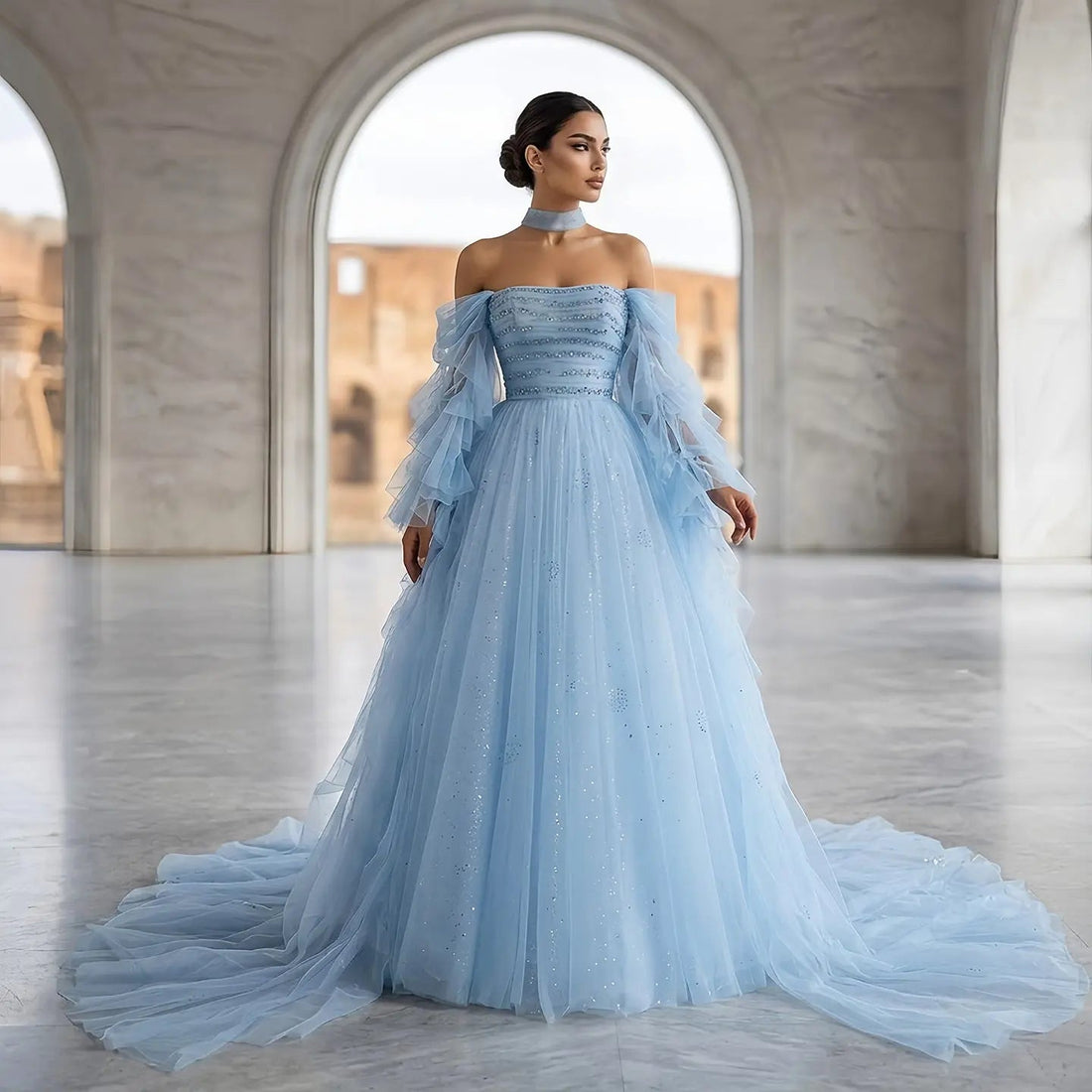 Luxury Blue Flowy Cape Beaded Waist Ball Gown Evening Dress SS737