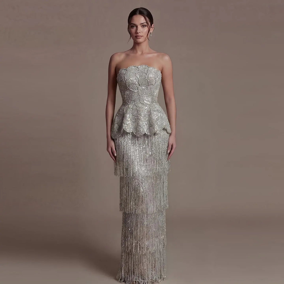 Gray Strapless Mermaid Luxury Beaded Sequins Tassels Skirt Evening Dress SS370