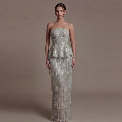 Gray Strapless Mermaid Luxury Beaded Sequins Tassels Skirt Evening Dress SS370