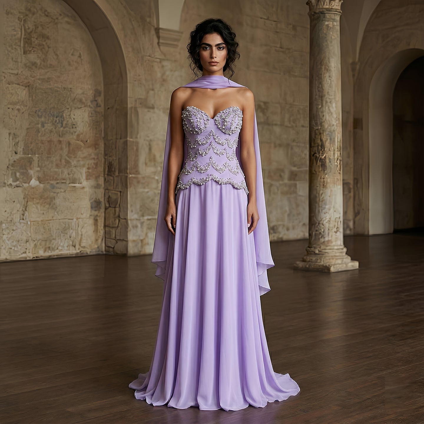 Elegant Purple Beaded Pearl Sweetheart Evening Dress with Scarf SS753