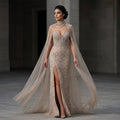 Luxury Champagne High Neck Beaded Mermaid Evening Dress with Cape and Slit SS135