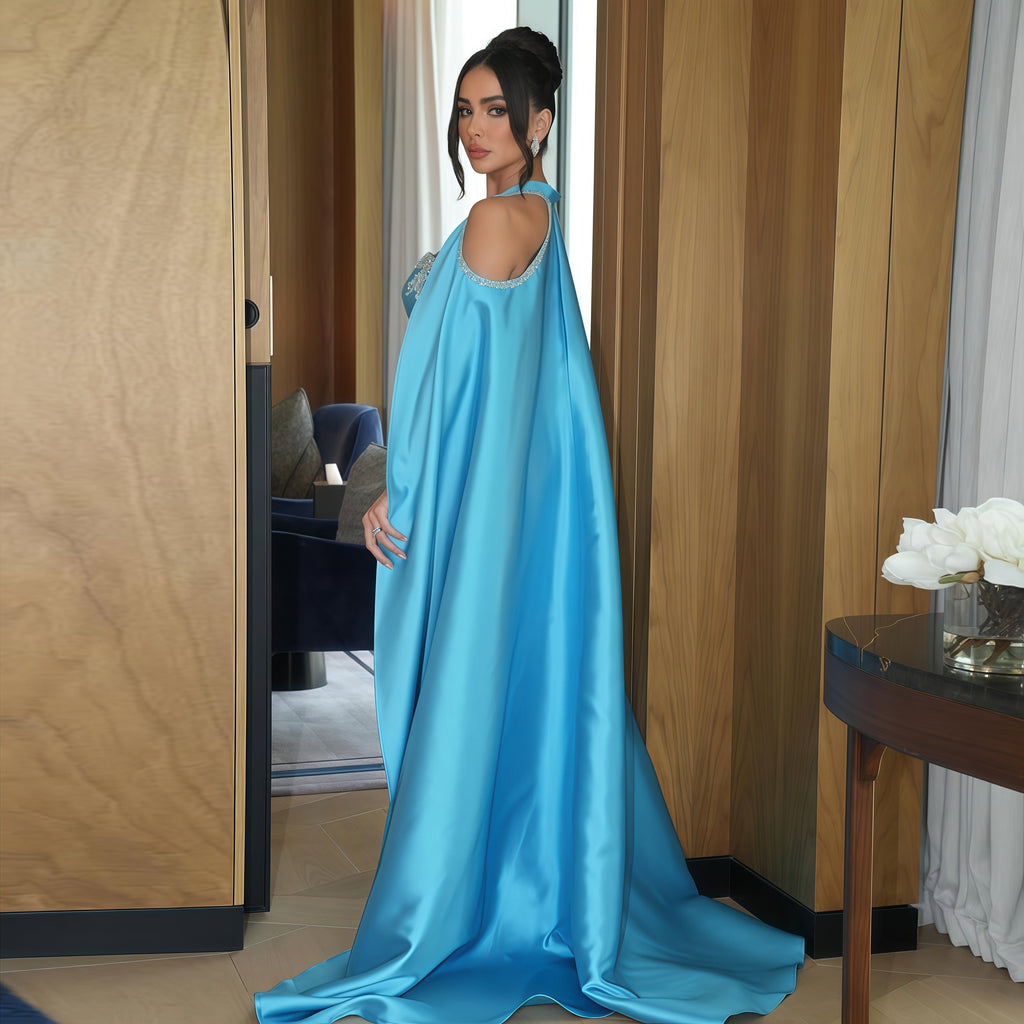 Elegant Blue Beaded Embellished Evening Dress with Cape Sleeve SF250