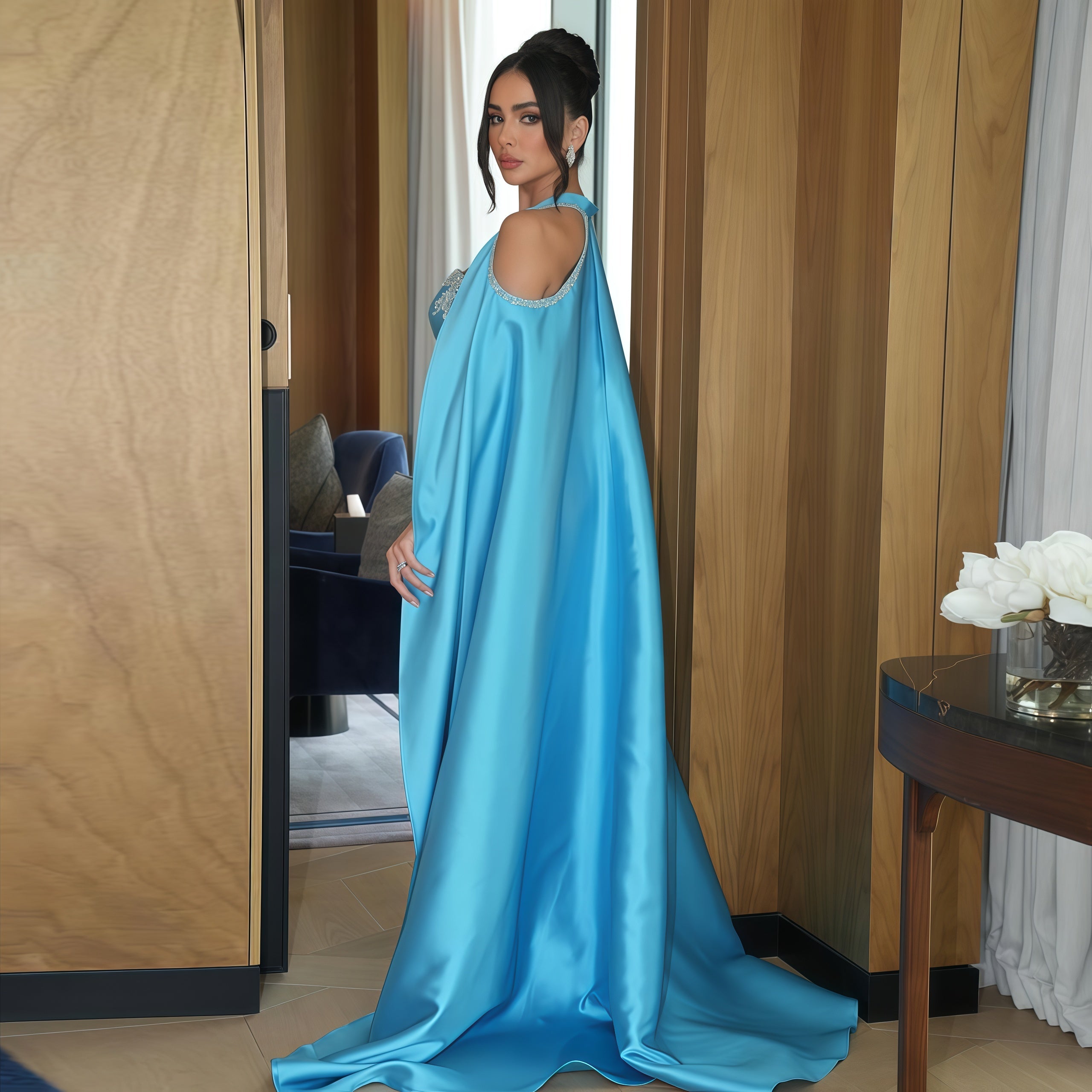 Elegant Blue Beaded Embellished Evening Dress with Cape Sleeve SF250